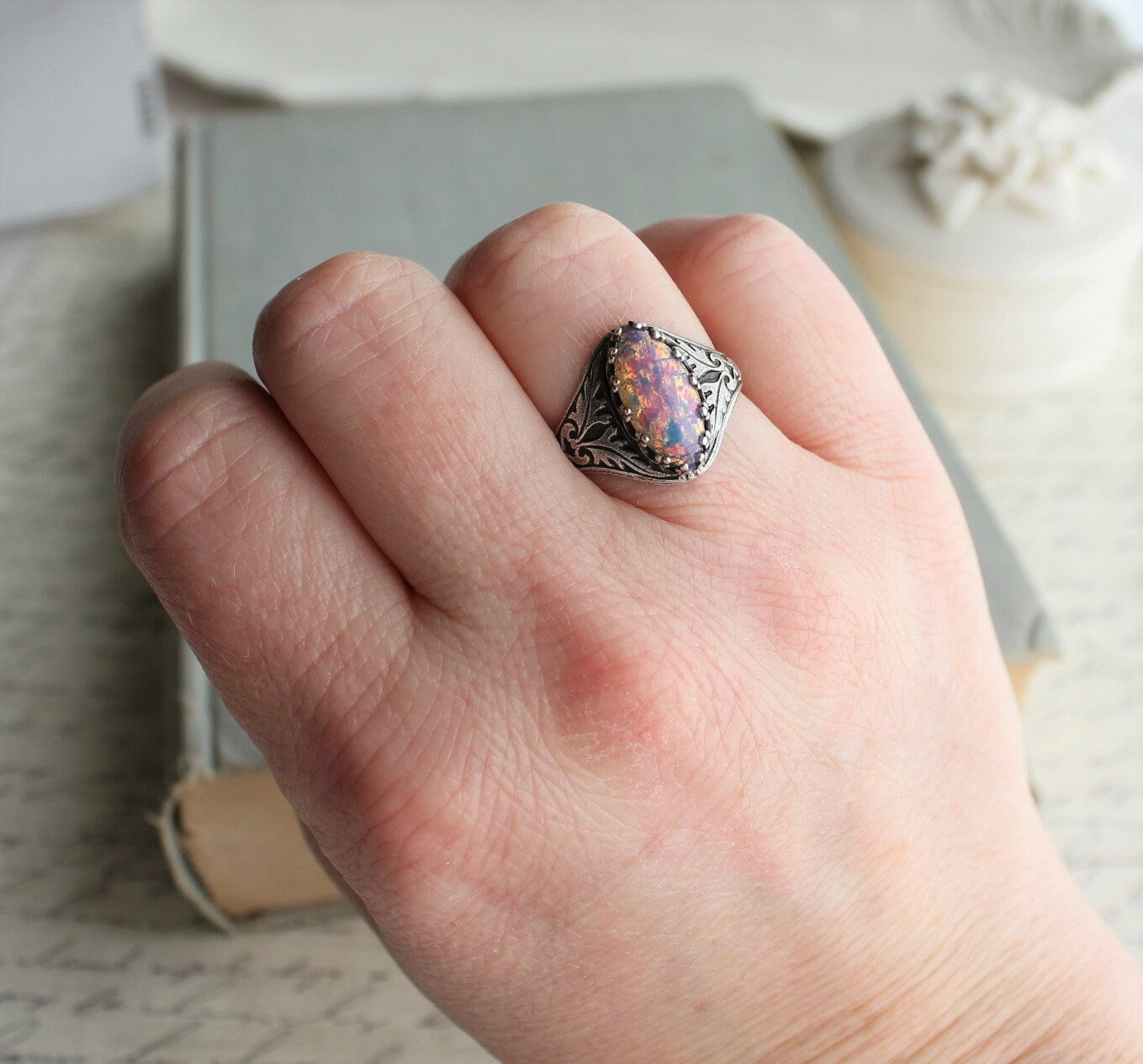 Fire Opal Navette Ring