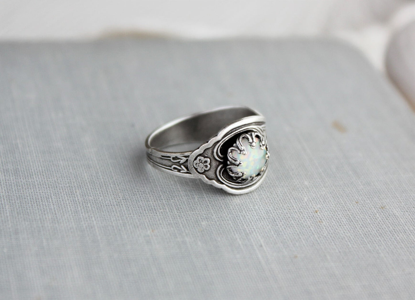 White Opal Spoon Ring. 10 Opal color options. Dainty spoon ring