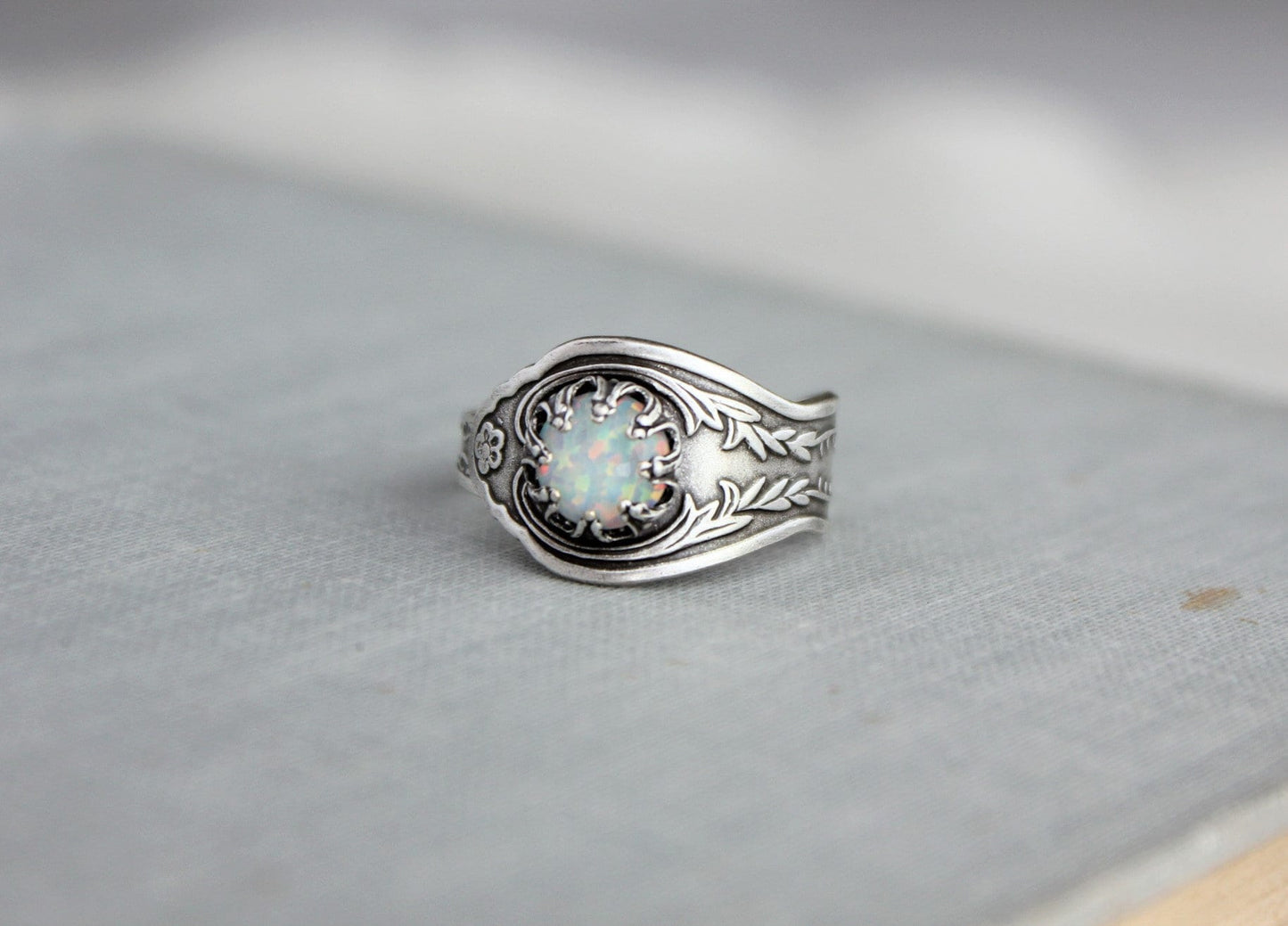 White Opal Spoon Ring. 10 Opal color options. Dainty spoon ring