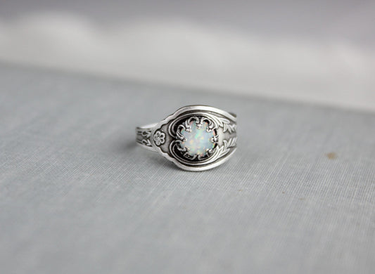 White Opal Spoon Ring. 10 Opal color options. Dainty spoon ring