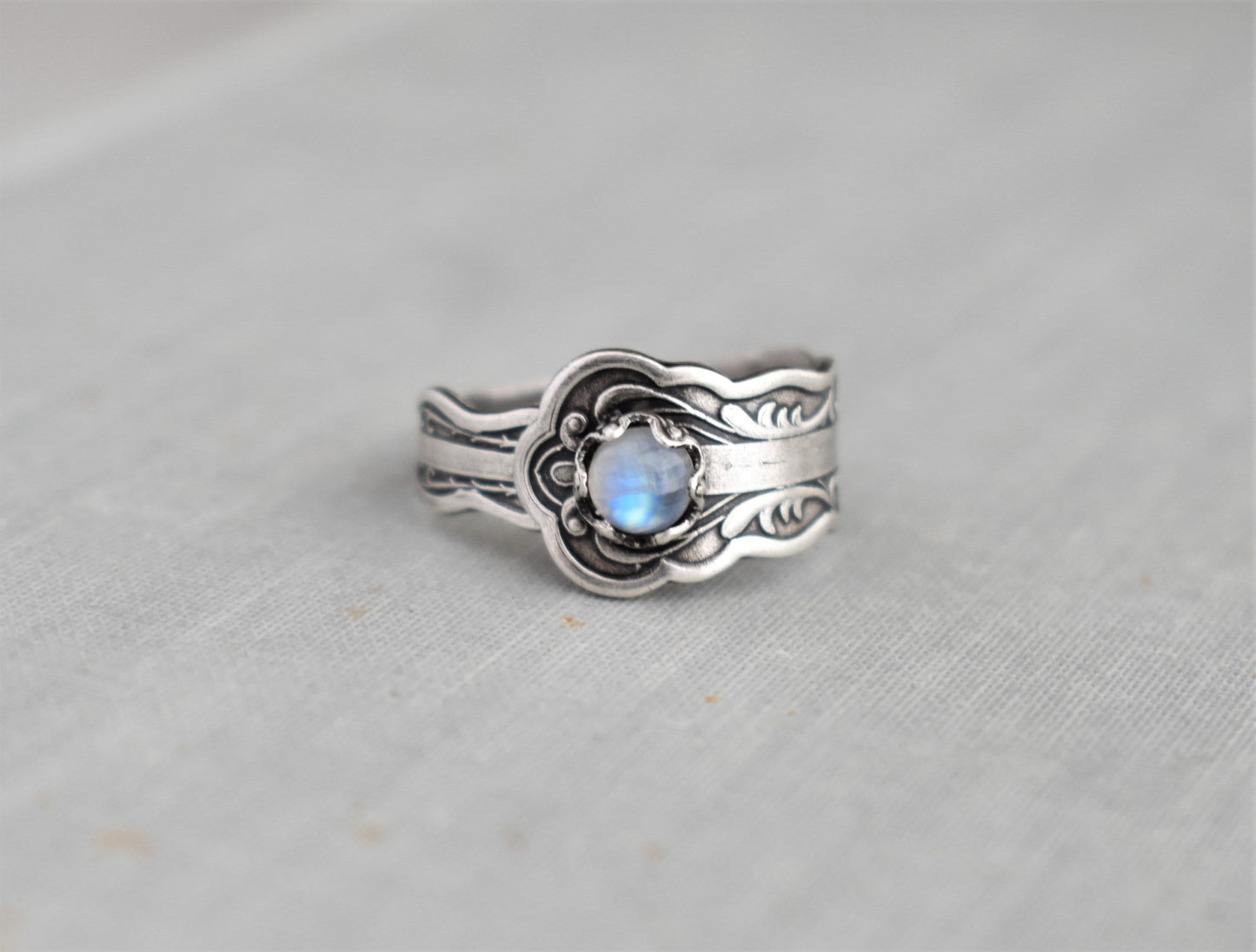 Rainbow Moonstone Spoon Ring. Dainty Spoon Ring