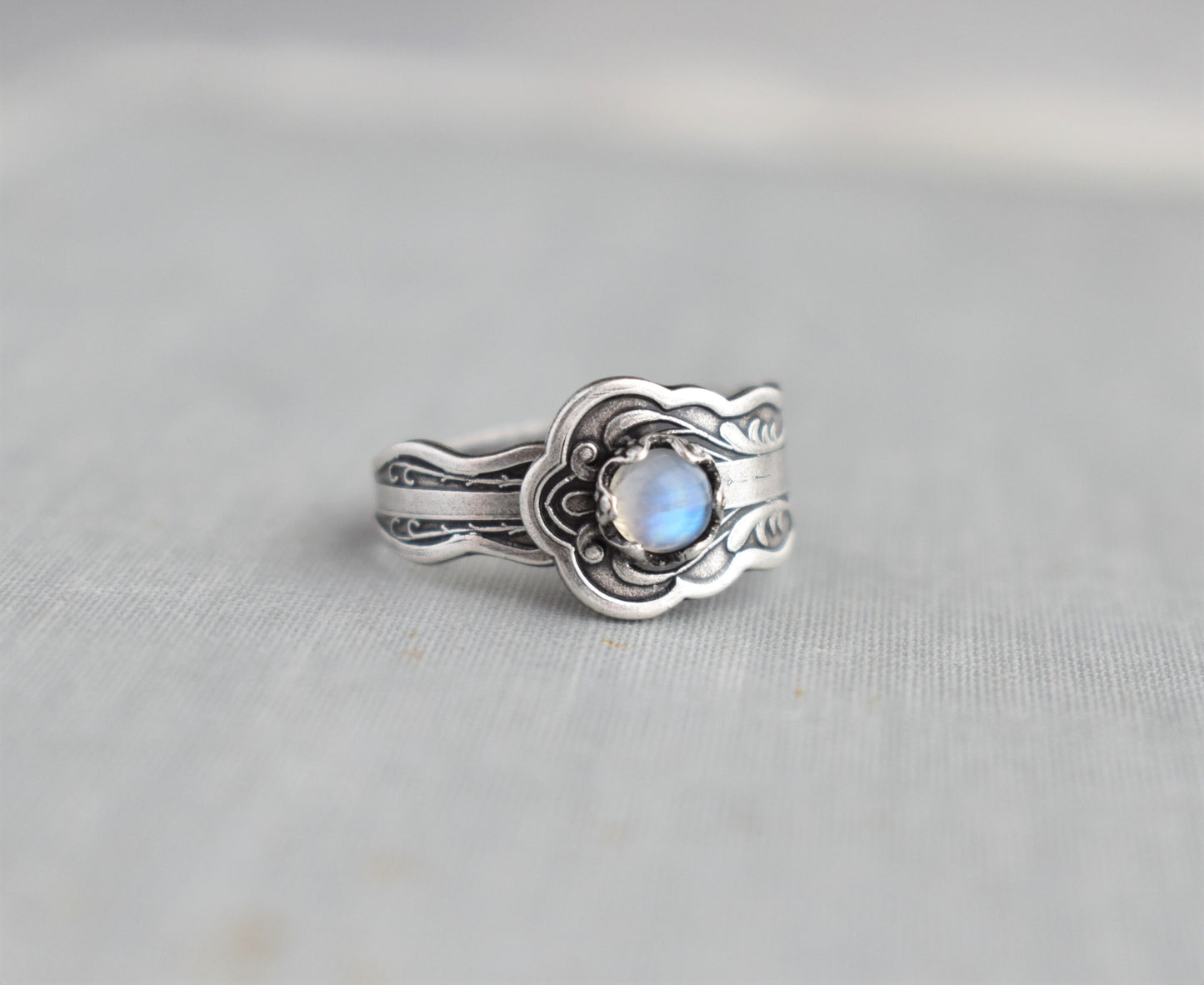 Rainbow Moonstone Spoon Ring. Dainty Spoon Ring