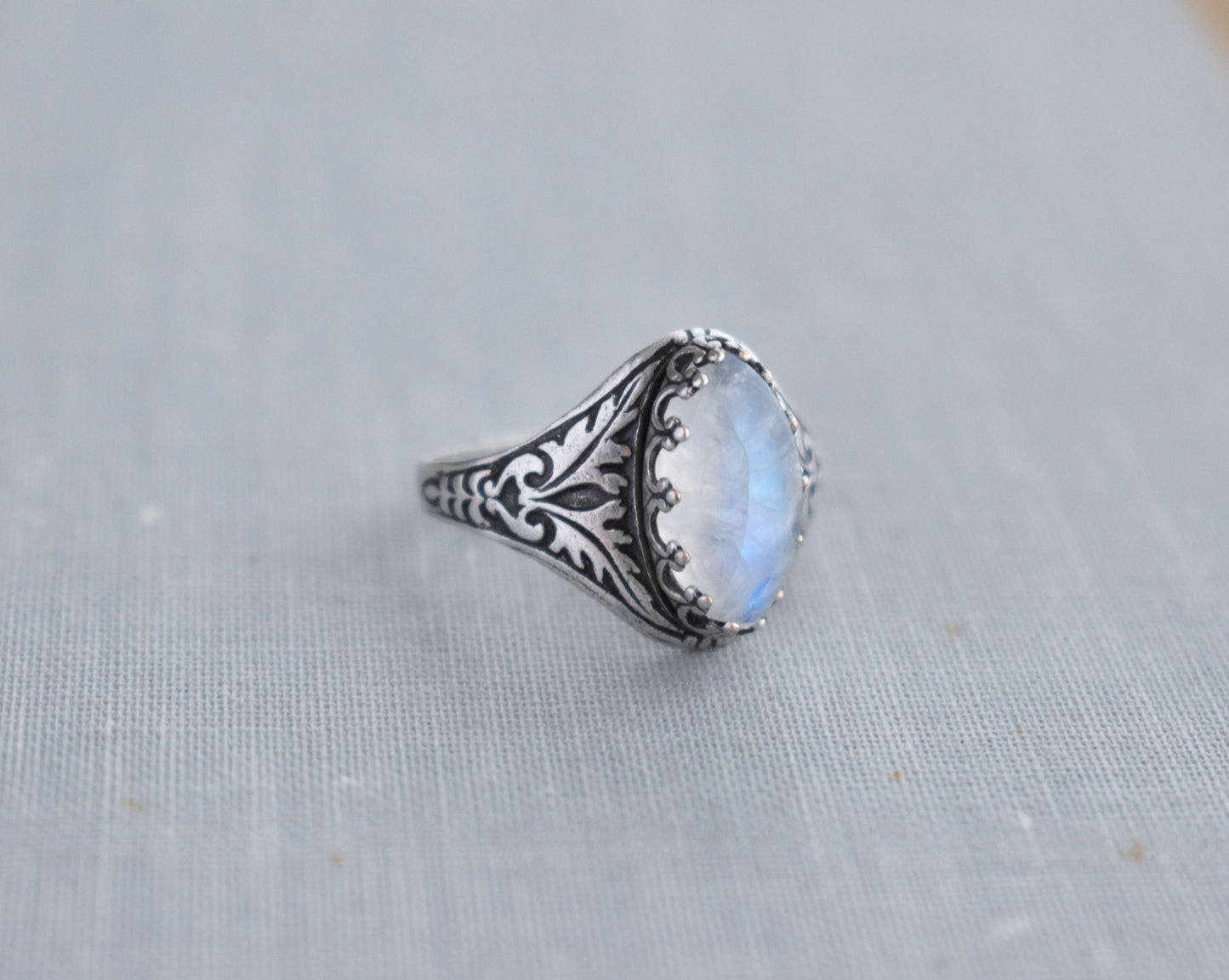 Rainbow Moonstone Navette Ring. Gemstone Ring