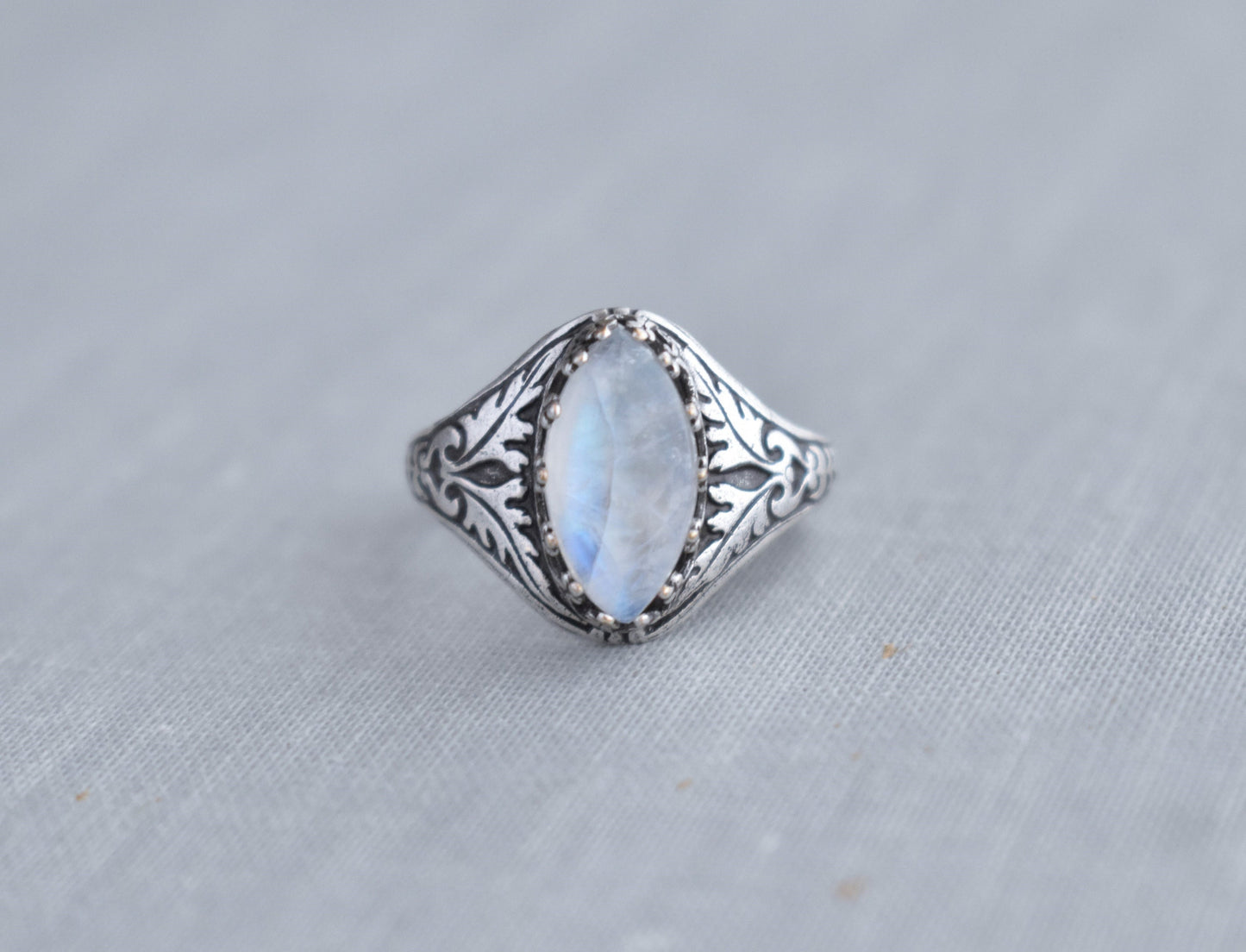 Rainbow Moonstone Navette Ring. Gemstone Ring