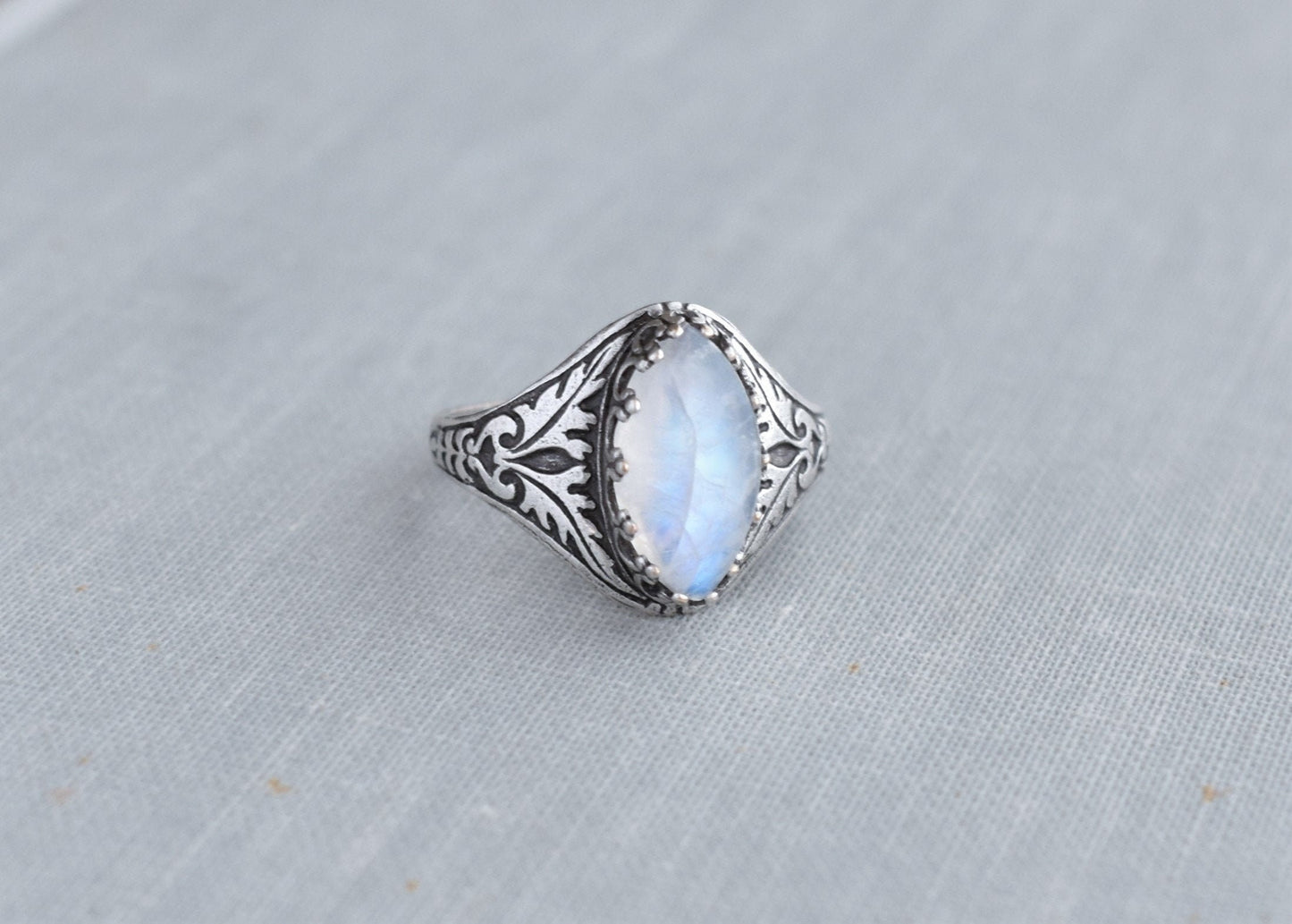 Rainbow Moonstone Navette Ring. Gemstone Ring