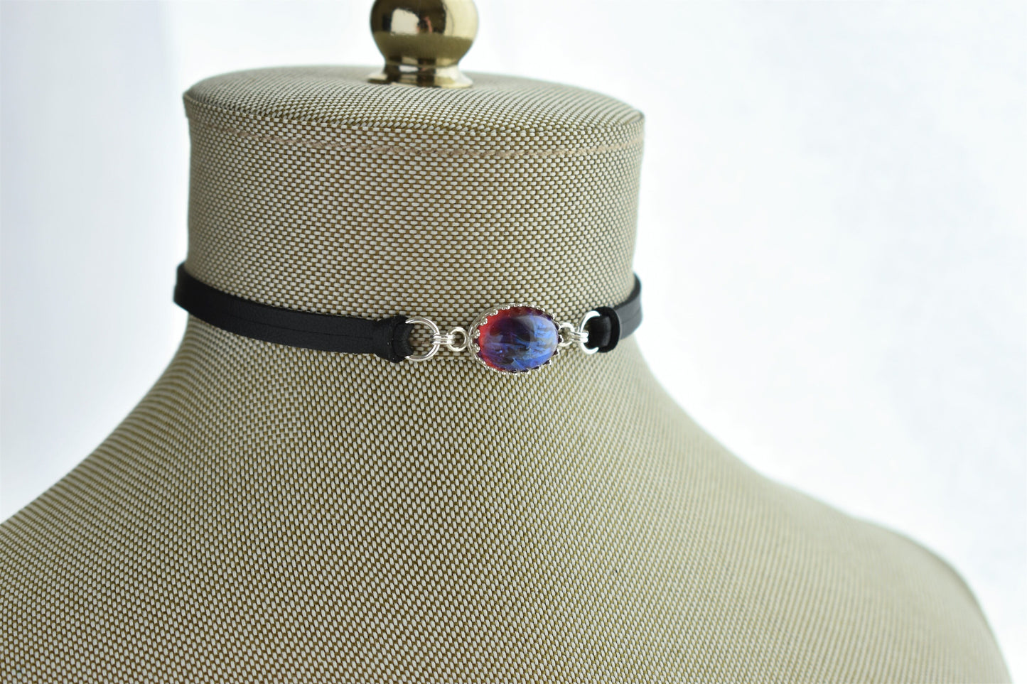 Dragons Breath Mexican Fire Opal Choker. Sterling Silver. 8 Opal Color Options. 14 Leather color options