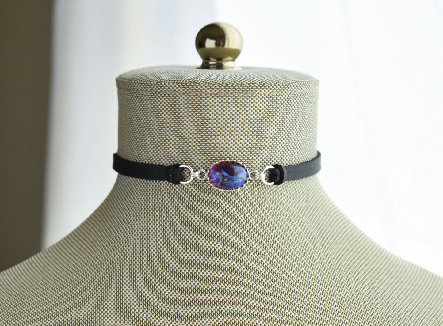 Dragons Breath Mexican Fire Opal Choker. Sterling Silver. 8 Opal Color Options. 14 Leather color options