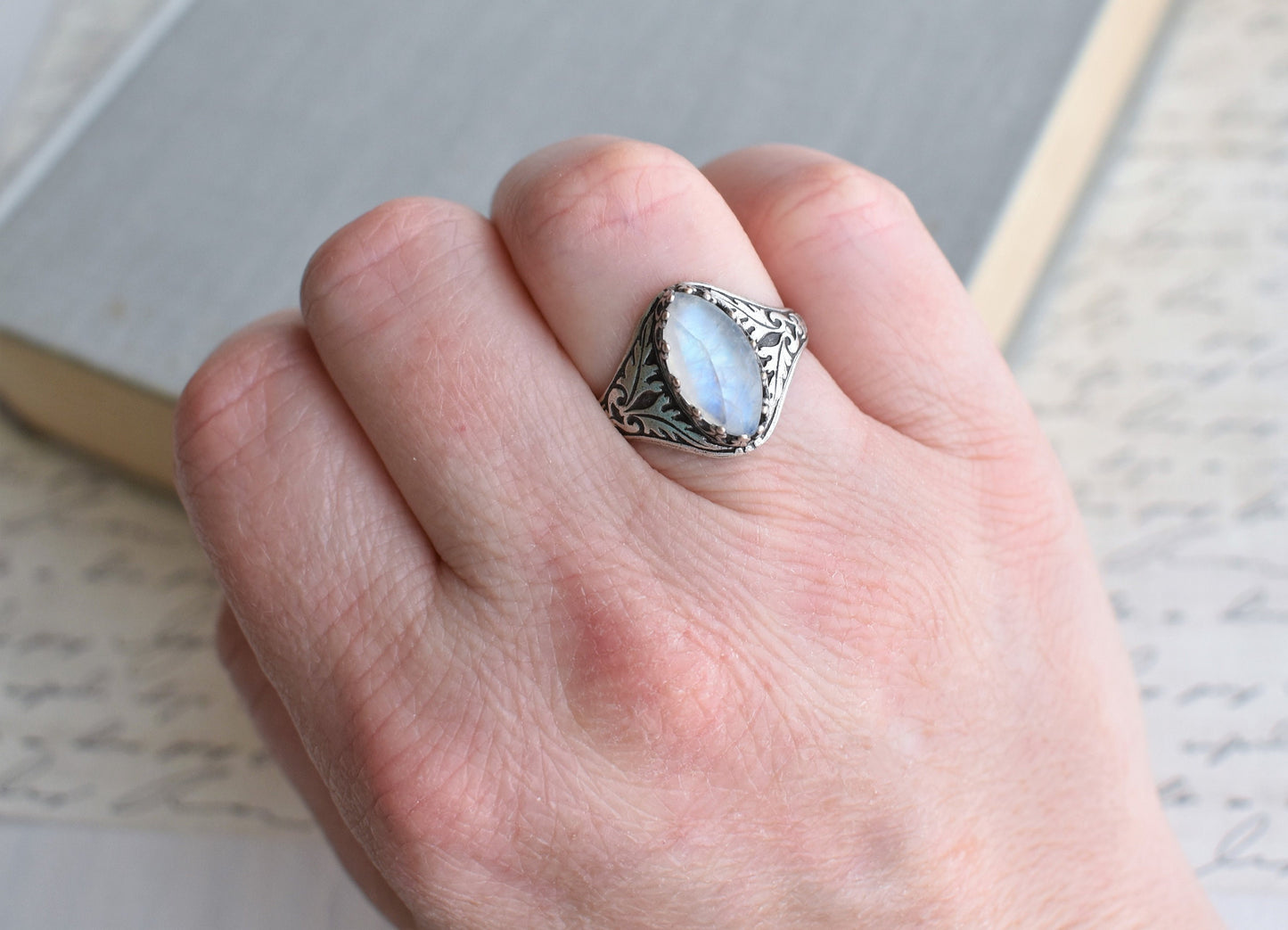 Rainbow Moonstone Navette Ring. Gemstone Ring