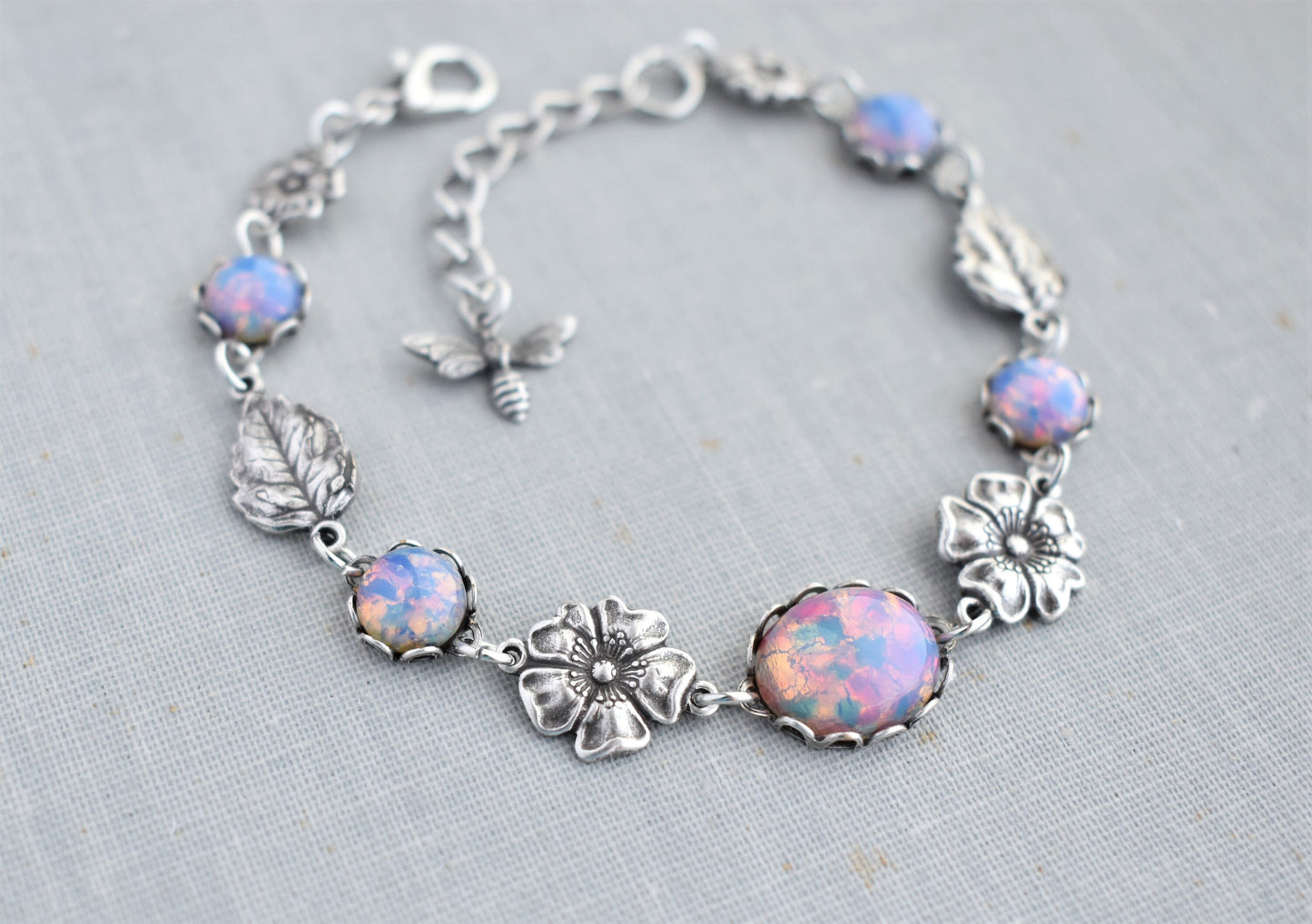 Fire Opal Bracelet. Bee. Flowers and Leaves Bracelet