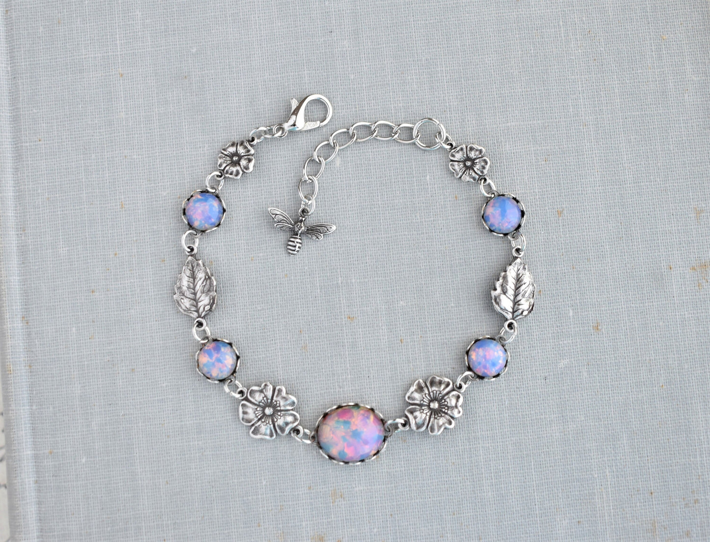 Fire Opal Bracelet. Bee. Flowers and Leaves Bracelet