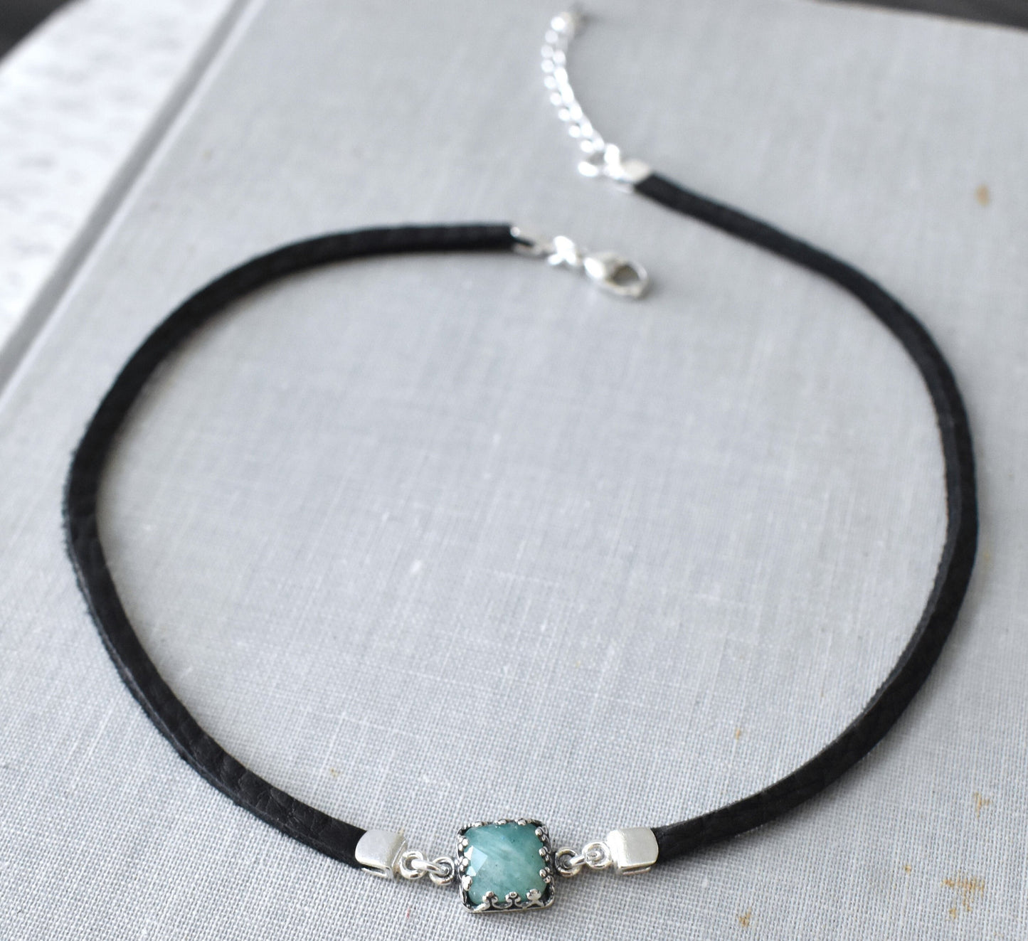 Amazonite Choker. Dainty Leather Choker. Sterling Silver. 3 Gemstone options. 14 Leather colors to choose from