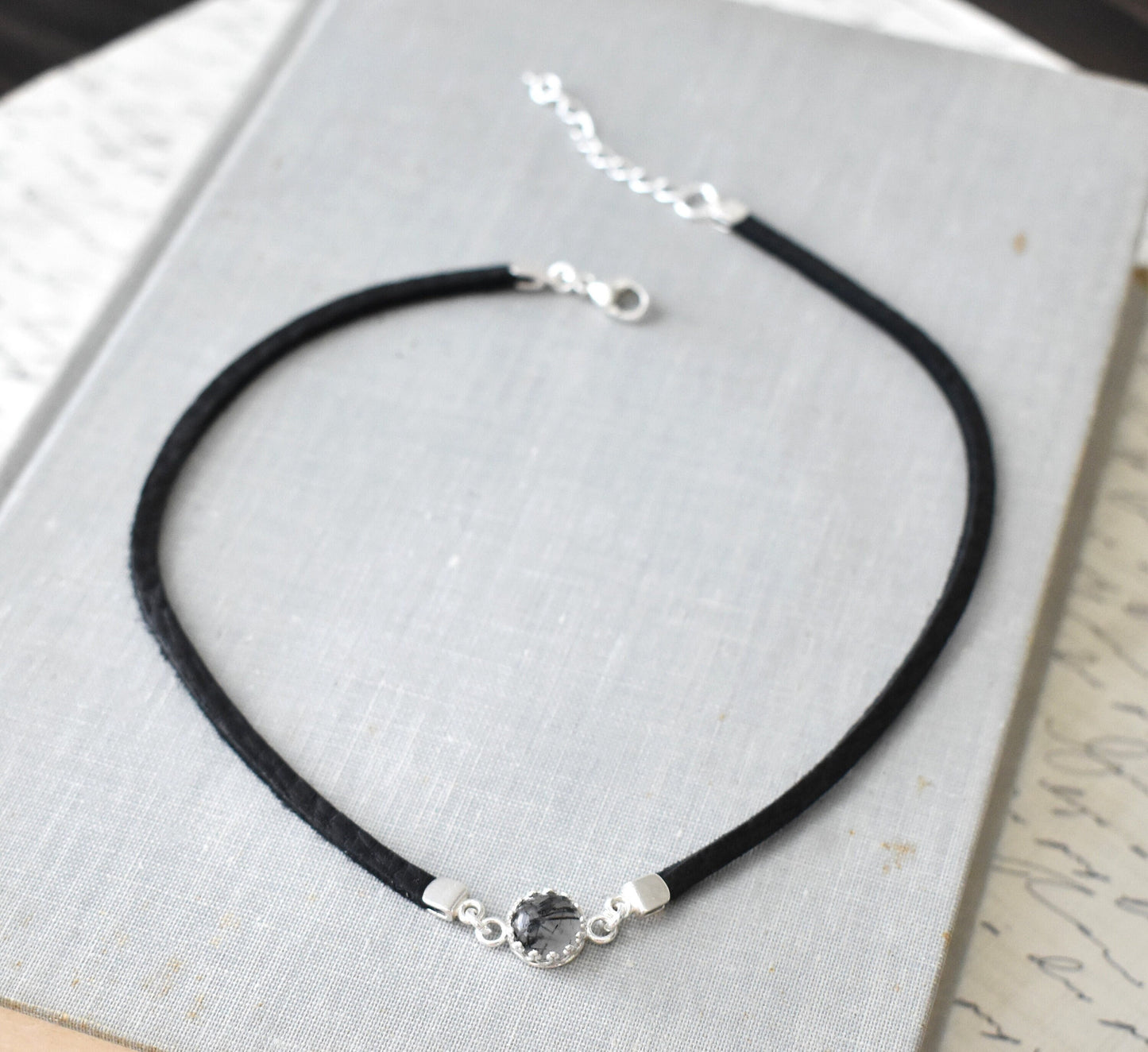 Black Rutilated Quartz Choker. Dainty Leather Choker. Sterling Silver. 14 Leather colors to choose from