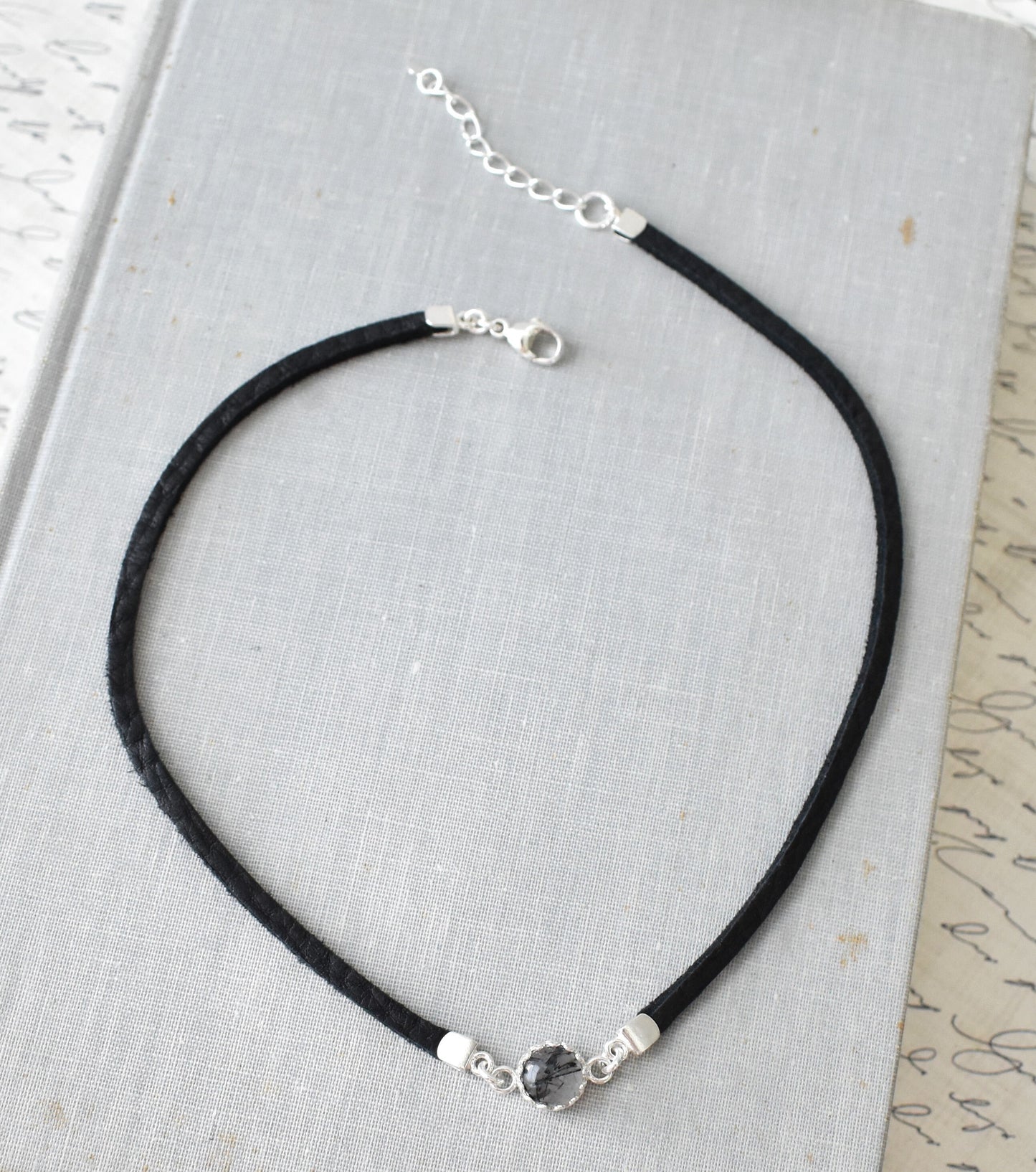 Black Rutilated Quartz Choker. Dainty Leather Choker. Sterling Silver. 14 Leather colors to choose from