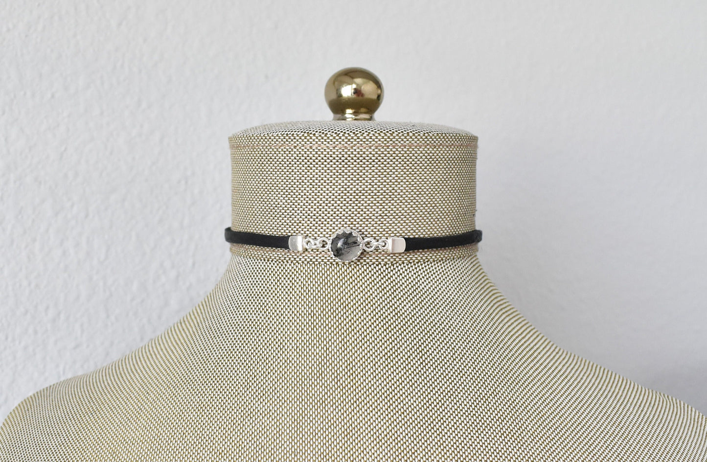 Black Rutilated Quartz Choker. Dainty Leather Choker. Sterling Silver. 14 Leather colors to choose from