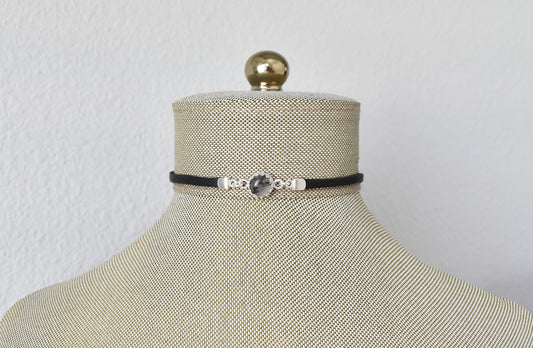 Black Rutilated Quartz Choker. Dainty Leather Choker. Sterling Silver. 14 Leather colors to choose from